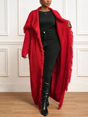 Red Casual Women's Loose Drop Shoulder Pocket maxi sweater knit Cardigan